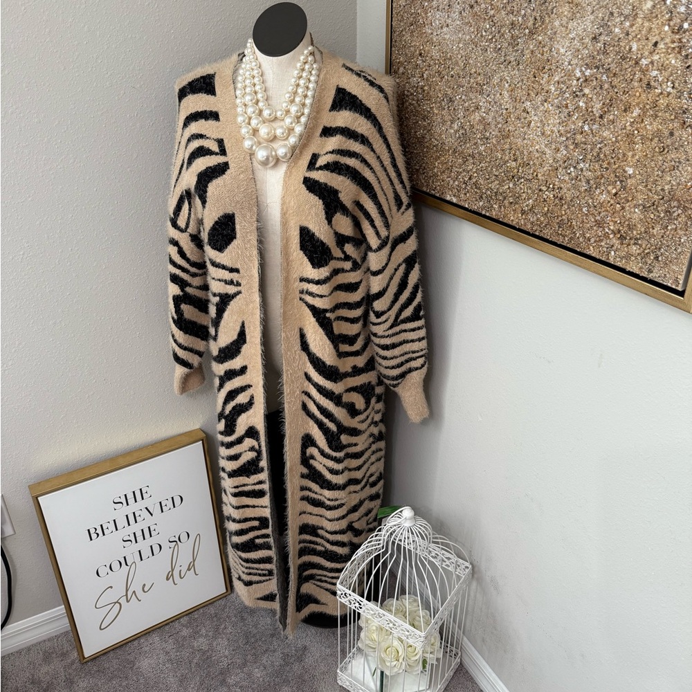 Plus size Zebra Print Long Cardigan Sweater 3X